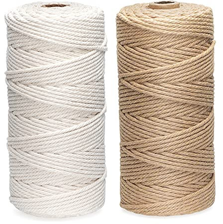 ilauke Cuerda de Macramé 3mm x 100m, 2 Rollos de Algodón Natural de 4 Hilos para Colgar Plantas, Manualidades, Tejer (Beige Amarillo)