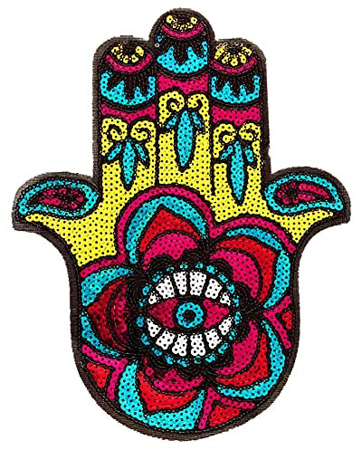 LOCOMO Große Hamsa-Auge Hand der Fatima Pailletten Bügelbild Aufnäher Funkelnd Bunt DIY Applikation Motiv für Kinder Erwachsene Kleidung Jacke Rucksack Dekoration