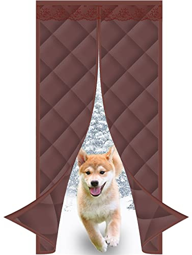 MEEYI Cortina de algodón de Invierno Gruesa con Cinta autoadhesiva para Puerta de Invierno Cortinas termicas aislantes Puerta instalación de Cinta autoadhesiva - Café - con Flor a Domicilio 85x200cm