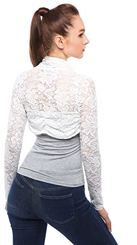 AmélieBoutik Women Full Lace Long Sleeve Cropped Cardigan Bolero Shrug(White Medium)