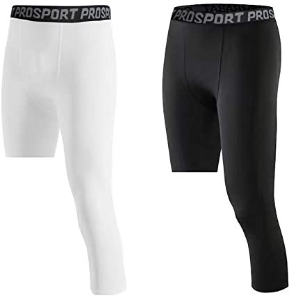 Hovershoes 2 Pcs Men's Leggings One Leg Shorts 3/4 Tights Compression Pants for Basketball Sports Underwear Athletics Base Layer Quick-Drying Fabric Protect Leg for Running Gym Cycling