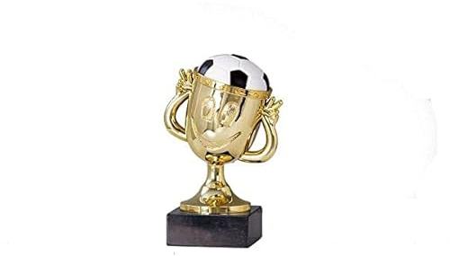 eberin Fussball Kinder-Pokal Gold 12 cm - Fußballtrophäe mit Gravur-Schild | Lustige Trophäe Funny-Cup aus Kunststoff, schwarzer Marmorsockel, individuelle Beschriftung, ideal für Siegerehrungen