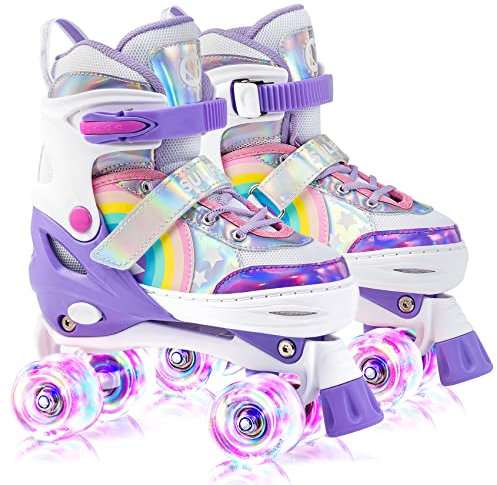 SULIFEEL Rainbow Unicorn Verstellbare Rollschuhe für Kinder mit Leuchtenden Rädern für Mädchen und Jungen