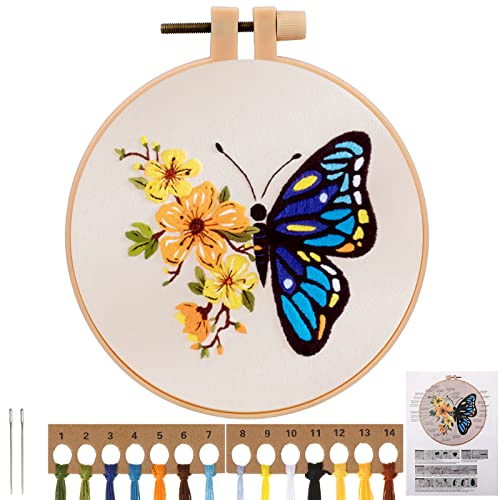 JSRQT Stickerei Starter Kit mit Schmetterling und Blume,Handgemachte Gestempeltes Kreuzstich Stickerei Set, Embroidery Cross Stitch Starter Kit für Erwachsene Anfänger