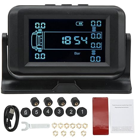 Haofy Monitoreo de Presión de Neumáticos, Sistema Inalámbrico de Monitoreo de Presión de Neumáticos con 10 Sensores 15bar Carga Solar 4 Alarma TPMS para Autocaravana Camión