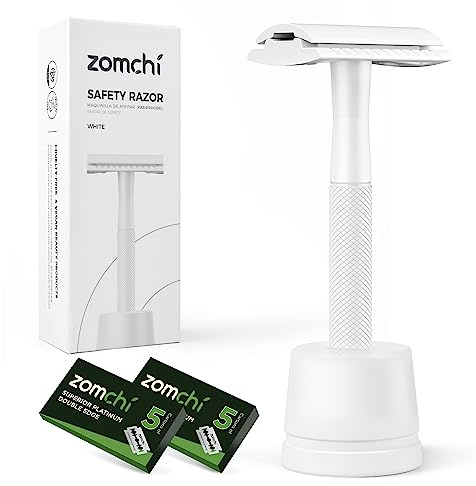 ZOMCHI Rasoir de sécurité à double tranchant avec support pour homme et femme, avec 10 lames de rasoir de sécurité à double tranchant, en métal sans plastique – Blanc