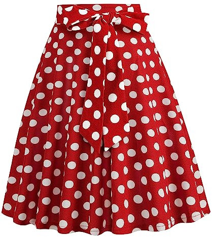Damen 1950er Jahre Vintage Rock A Linie Faltenrock Hohe Taille Midirock Blumendruck Tellerrock Polka Dot Rockabilly Swing Rock mit G?rtel Knielang Partyrock Rot S