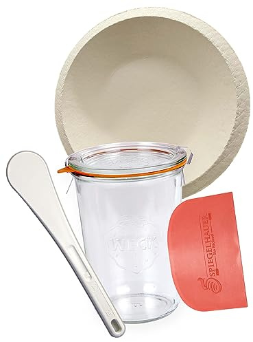 Bäckerei Spiegelhauer Sauerteig Glas 850 ml mit Gärkorb, Teigschaber, Spatel I Sauerteig-Starter-Set für Sauerteig-brot I Brotbackset Anstellgut Set zum Brot backen