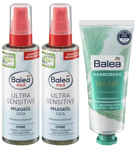 Balea 3er-Set Hautpflege: Pflegeöl CICA MED ULTRA SENSITIVE fördert Regeneration der Haut ohne Parfum, Parabene, Farbstoffe (2 x 100 ml) + Handcreme GLOW mit Aprikosenkernöl, Panthenol (75 ml), 275 ml