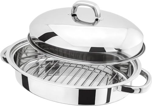 Stainless Steel Roasting Oval Pan Tray Set with Removable Rack Cooking Baking Sturdy Handles - Size 32 cm