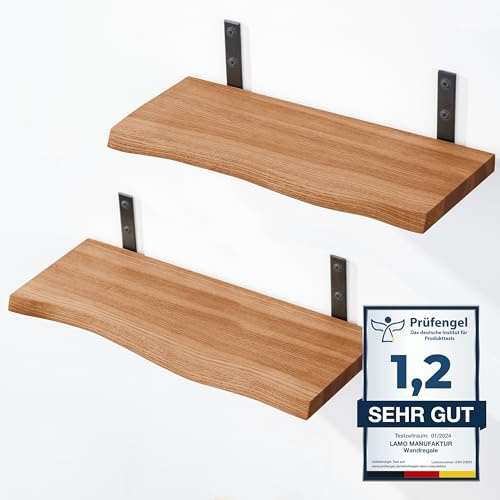LAMO Manufaktur 2 Stück Wandregal Holz 2X 40cm | Schweberegal Massiv 100% Echtholz | Hängeregal für Wohnzimmer, Schlafzimmer, Küche, Büro, Badezimmer | Wandregale Set 2 Baumkante |Regal Farbe: Dunkel