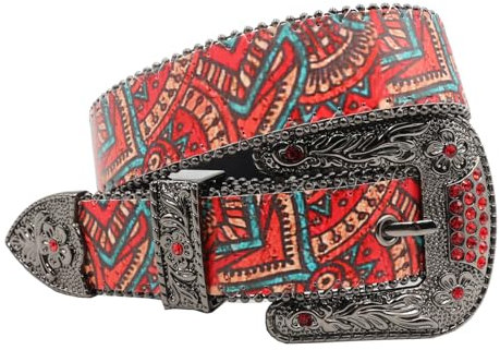 AGUTALITHIC Western Leder Gürtel Für Herren Damen Abstrakter Buntes Graffiti Drucken Cowboy Nietengürtel Graviert Blume Strass Schnalle Taillegürtel(125cm/49, Graffiti)
