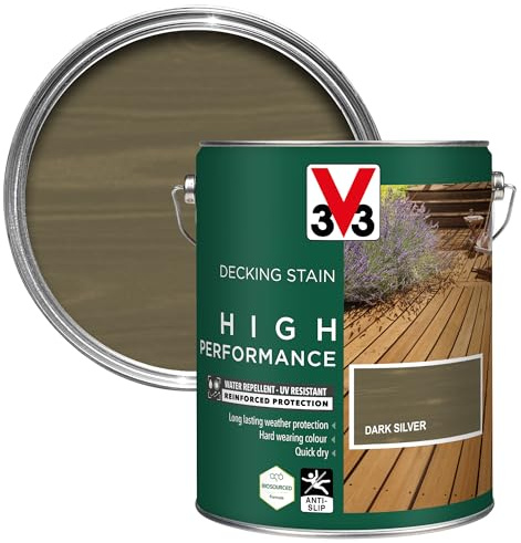 V33 High Performance Decking Stain, Dark Silver, 5L | Nourishes & enhances decking, Anti-slip finish, UV & weather resistant, Biosourced formula