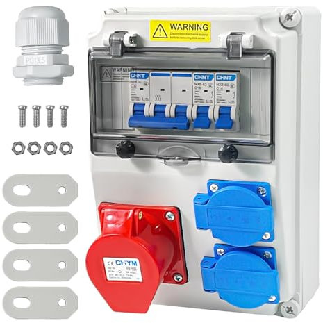 Lomhyve Distributore di corrente da costruzione 16 A, kit di distribuzione da parete con interruttori fi, prese, IP54, impermeabile, per interni ed esterni, officine e fabbriche