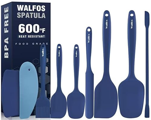 Walfos Silicone Spatula Set (9pcs) Heat Resistant Silicone Spatulas and Brush with Stainless Steel Core, Flexible Dough Scraper & Non Stick Rubber Spatula for Cooking, Baking and Mixing, Blue