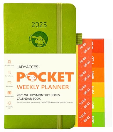 LADYACCES Taschenkalender 2025 [Jan.2025-Dez.2025 - Kleine Größe 16,5 x 9 cm] - Kalender 2025 Klein mit PU Leder Hardcover - A6 Planer 1 Woche 2 Seiten mit Innentasche - Grün EUWMA6