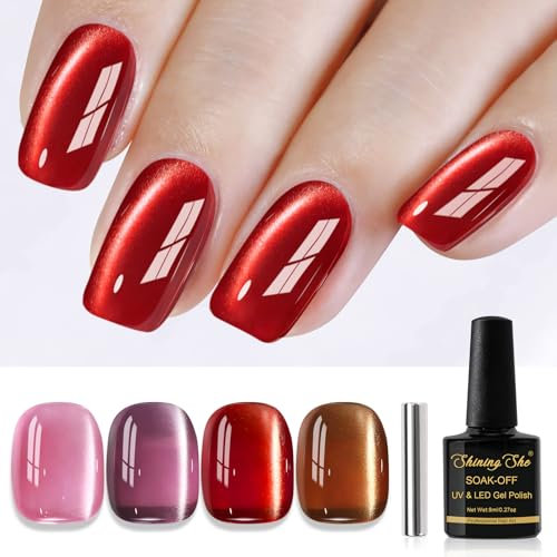 Shining She UV Nagellack Jelly Magnet Cat Eye,4 Farben Winter Klassischer Kristalle Cat Eye Rosa Lila Rot Kaffee Braun UV Gel Nagellack Soak-Off UV nagellack Set für Nagelkunst Maniküre Salon,8ML
