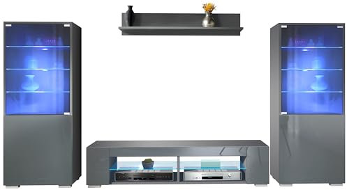 Vladon Wohnwand Nevada V2, Anbauwand bestehend aus 2 Vitrinen, 1 TV-Board und 1 Wandregal Anthrazit matt/Grau Hochglanz inkl. LED Beleuchtung (304,5 x 141 x 39 cm)