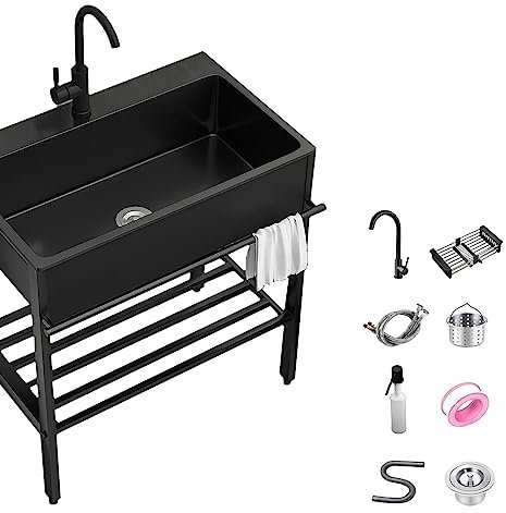 Freistehendes Waschbecken aus Edelstahl mit Wasserhahn, robustes Handwaschbecken für Waschküche, gewerbliche Küche, Garage, Garten, 1 Fach, schwarz, ideal zum Baden von Hunden