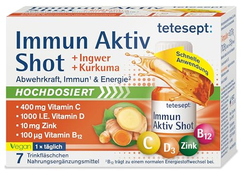 tetesept Immun Aktiv Kurkuma-Ingwer Shot [7 Trinkfläschchen] Hochdosierter mit Vitamin D, C, B12 und Zink - Multi-Nährstoffkomplex für das Immunsystem