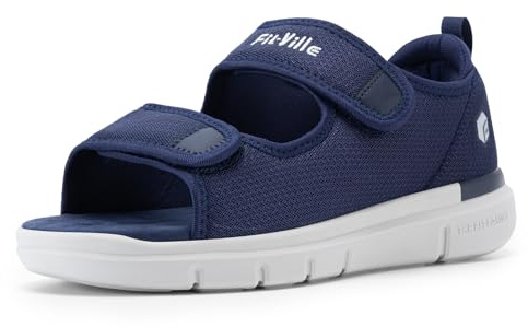 FitVille Sandali per Diabetici Uomo Larghi Scarpe Ortopediche a Strappo Sandali Riabilitativi Apertura per Piedi Gonfi Blu 46 EU Larga