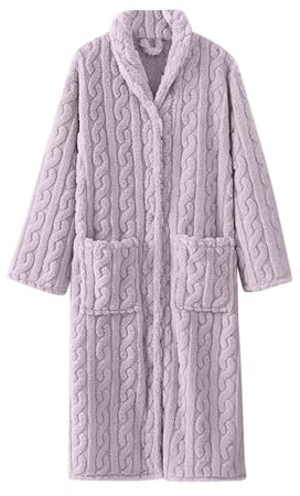 Bata larga de felpa para mujer, bata de baño de forro polar grueso jacquard con botones y bolsillos, acogedora y suave, para invierno, otoño, descanso, spa, cómoda ropa para el hogar, Morado (, L