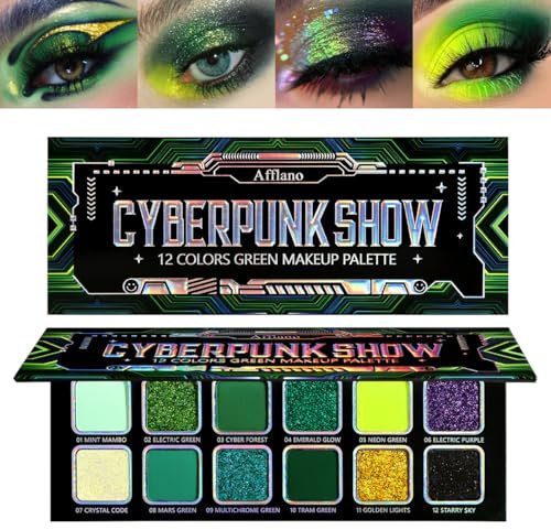 Afflano Palette d'Ombres à Paupières Vertes Multichromes, Chrome Green Eyeshadow Palette, Couleur Intense Ombre à Paupières Jaune Vert Bleu, Mélangeable, Effet Multichrome Et Mat Maquillage Des Yeux