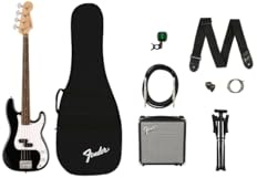 Squier by Fender Debut Precision Bass Guitar Starter Pack, Schwarz | Komplettes Bassgitarren-Einsteigerpaket mit Verstärker, Stimmgerät, Ständer, Gigbag, Kabel