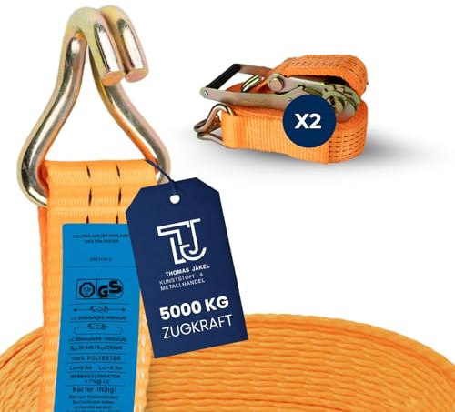 TJ Spanngurte mit Ratsche & Haken 2 Stück I 6m Länge I 50mm Breite I Ratschengurte mit 5000kg Belastbarkeit I Zurrgurt zweiteilig I TÜV & GS-Zertifiziert I Zurrschlaufen für sichere Lastenbefestigung