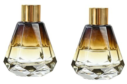 2PCS 60ML/2oz Diamond Shaped Glass Diffuser Bottles DIY Essential Oil Fragrance Replacement Diffuser Set with Rubber Plug and Gold Lid Aromatherapy Storage Containers for Home Office