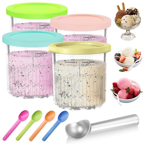 Pot pour Ninja Creamy Deluxe, HOVCEH 4 Pièces Récipient pour NC500 NC501, Accessoires pour 680 ml Machine à Glace avec Couvercle Et Cuillère, Passe au Lave-vaisselle