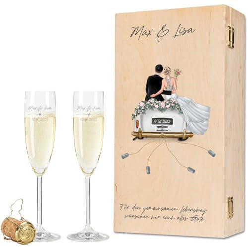 GRAVURZEILE Leonardo – Bicchieri da spumante con incisione – auto di nozze & Wedding Love con scatola di legno – regalo di nozze personalizzato per coppia di sposi – regalo per matrimonio
