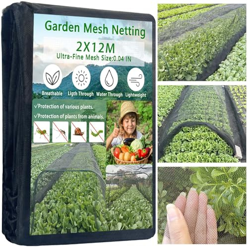 2x12M Thickened Black Nano PPT Garden Netting,Ultra-Fine Insect Mesh for Patio Greenhouse Vegetables Plants Fruits Flowers Protection from Birds Pest Bug Eating,30% Shade Rate Reusable & Durable