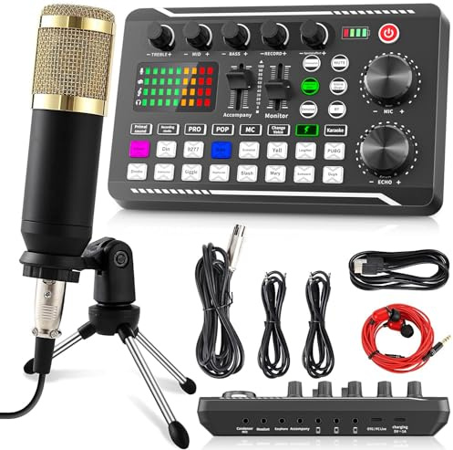Facmogu F998 Podcast Equipment Bundle, Audio Interface & BM800 Kondensatormikrofon mit Stativständer, Professionelles Tonstudio-Paket für Live Streaming, Broadcast, Recording, YouTube, TikTok