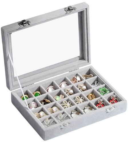 24 Grids Earring Storage Organiser,Velvet Jewellery Box,Jewellery Storage Box for Earring Rings Pendants Beads,24 Grid Velvet Jewelry Tray,1PCS Gray