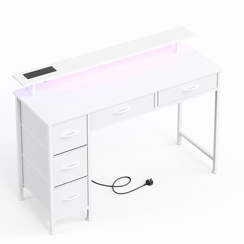 MUTUN 120CM Computer Desk with 5 Fabric Drawers, Home Office desk with Monitor Stand, Gaming Desk with LED Lights & Power Outlets, Work Desk with USB Charging Port, White