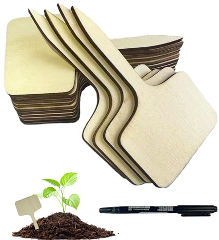 fKiZanthene Wooden Plant Labels with Marker Pen, 40 Pcs T-Type Garden Tags for Outdoor Plants, Herbs, Vegetables & Indoor Use