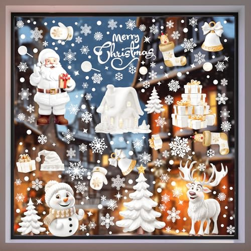 190 Stk Fensterbilder Weihnachten Selbstklebend – Weiße Weihnachtsmann Fensteraufkleber Weihnachten, PVC Static Wiederverwendbar Fensterbilder Winter für Glas Deko
