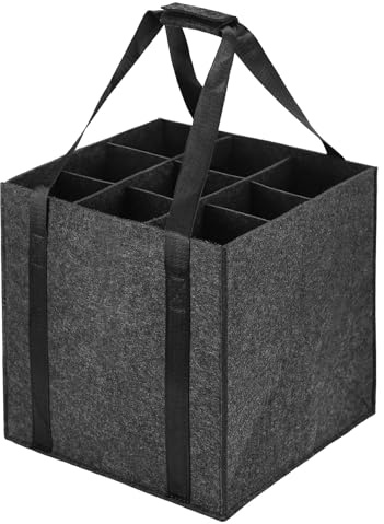 Huiguli Borsa Portabottiglie in Feltro con 9 Scomparti, Portabottiglie Pieghevole, Borsa per Bevande,Riutilizzabile, per Bottiglie da 1,5 Litri, Grigio Scuro, 27x27x27 cm