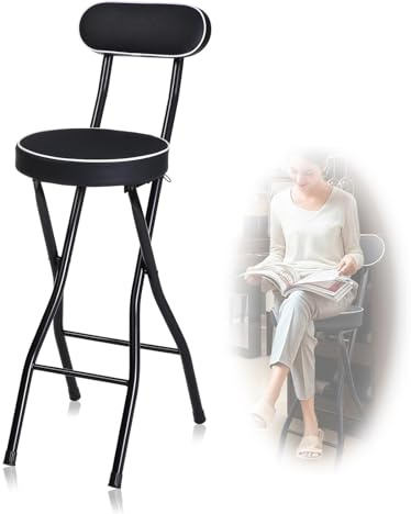 Sgabello da bar pieghevole con schienale alto, rotondo, imbottito, sedia da bancone da cucina, portatile, per giardino e ufficio, 65 cm, nero (1 pezzo)