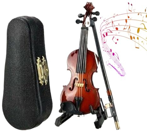 Mini Violino con Suono – 12 cm Modello di Violino in Legno in Miniatura | Strumento Musicale Realistico con Archetto, Supporto e | Soprammobile Collezionabile Regalo per Amanti della Musica e