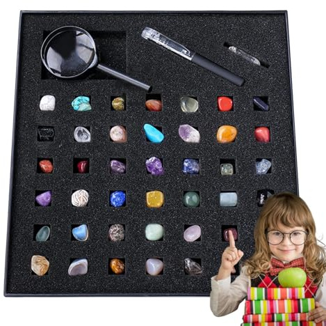 Ädelsten samling presentationsset – pedagogiskt mineral sortiment kit inklusive polerade stenar, kristallprover, klassificeringsguide, skyltfönster