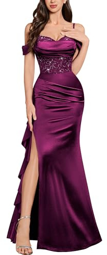 MIUSOL Women's Elegant Sequin Lace High Split Ruffle Satin Fishtail Ceremony Party Wedding Guest Maxi Dress