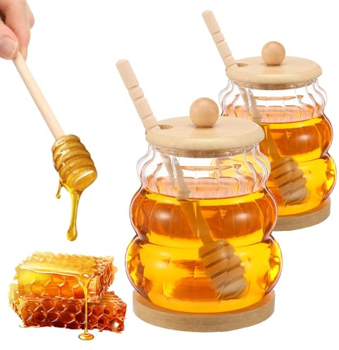 JUNFEIFLUX 2 Stück 450 ml Honiggläser mit Löffel | Transparent Glas, Honigkännchen mit Holz Deckel für Lagerung von Honig, Sirup.