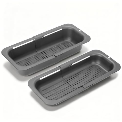 VINATO Klappbares Spüle Siebkorb Set (2-tlg), Abtropfsieb Faltbares für Spülbecken (32-46cm), Abtropfsieb Spüle Gekochte Nudeln abtropfen, Nudelsieb Faltbar aus Plastiksieb für Obst Gemüse（Grau）
