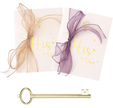 YOKIVE Wedding Day Vow Card Set, (7.87 x 5.51-Inch, Purple/Gold), Vow Card with Key Shape Pen for Her & Him Ribbon Version A, Gold Foil, Great Gift for Bride Groom Bridal Wedding