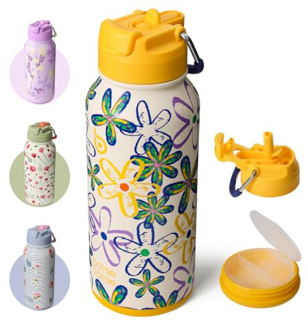 BOTTLE BOTTLE Borraccia in acciaio inox, 850 ml, con cannuccia e scomparto per pillole, Sport Nature Nook