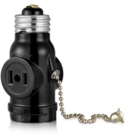 2 Outlet Light Socket Adapter,E26 Bulb Socket to Outlet Splitter,Converts Medium Screw Socket into a Socket with Two outlets,Polarized Outlet,with Pull Chain Switch. UL Listed, Black (1-Pack)