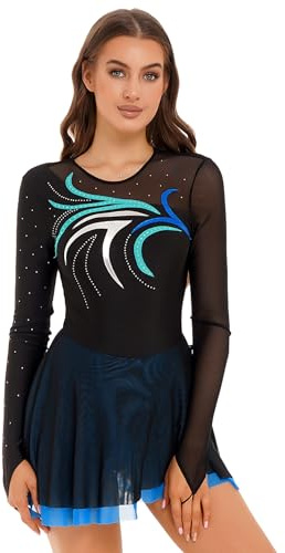 Kaerm Kürkleider Eiskunstlauf Damen Langarm Strass Glitzer Rollschuhkleid Blau Grün XL