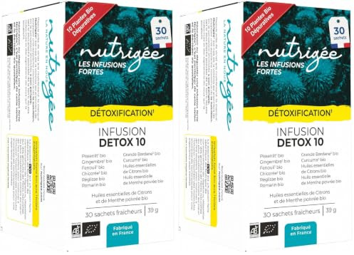 Infusion Détox 10 Bio • Détoxinant Foie & Intestin • Huiles essentielles Menthe Poivrée & Citron • Issue de l’agriculture Bio • 30 sachets • Fabriqué en France • Nutrigée (Lot de 2)